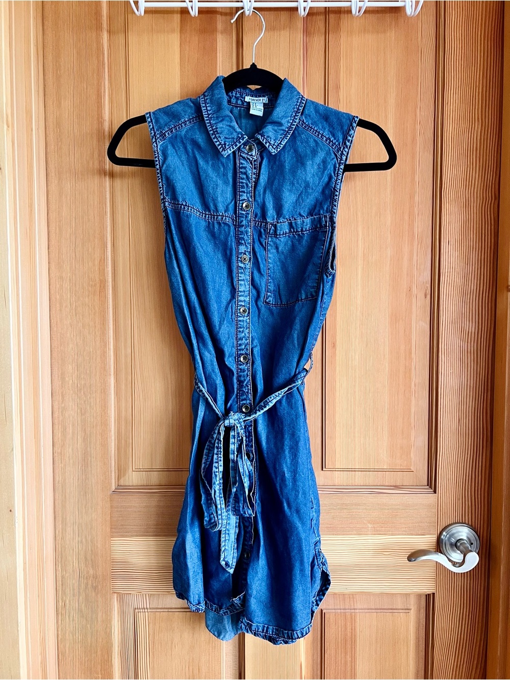 Forever 21 Denim Button Down Shirt Dress with Tie Waist Blue